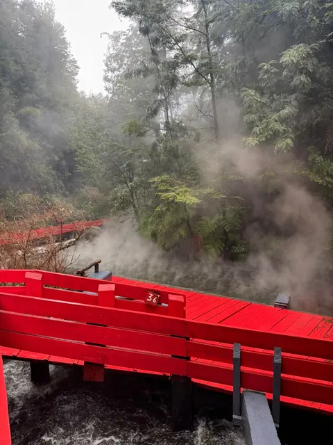 Puente con barandas rojas sobre el agua y vapor que se eleva entre la vegetación