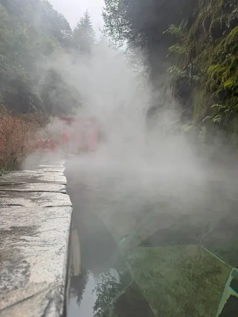 Borde de piedra de una piscina bajo una nube de vapor y árboles al fondo