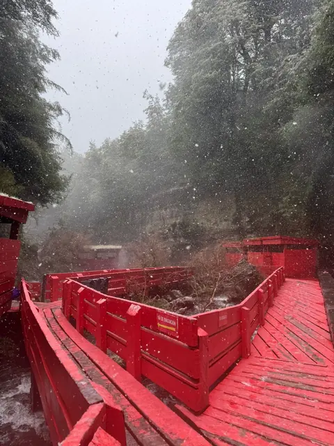 Cruce de pasarelas rojas sobre el agua con vapor y bosque alrededor