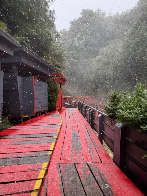 Pasarela roja junto a una construcción de madera con bosque y vapor al fondo