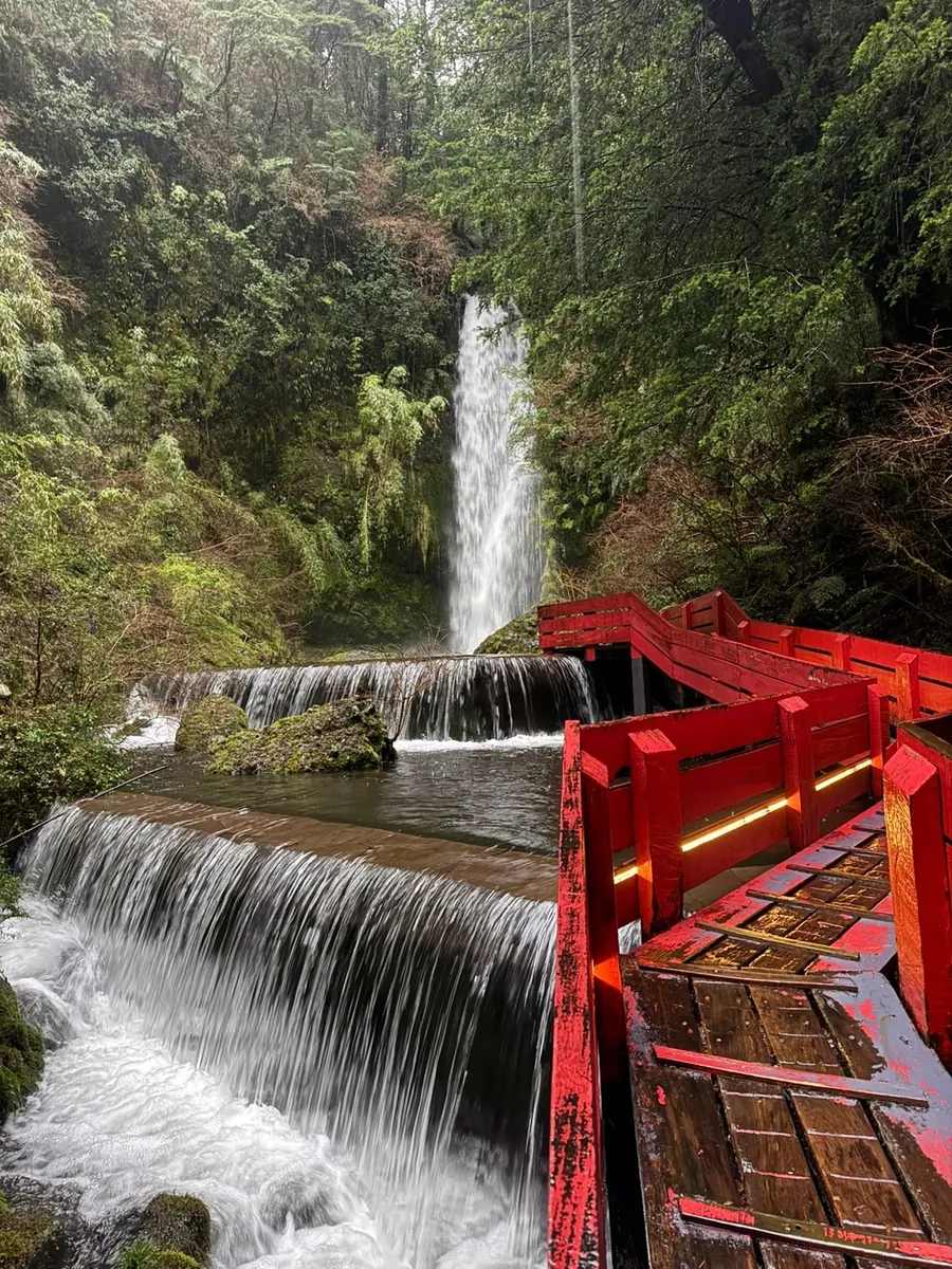 Cascada y pasarelas rojas rodeadas por el bosque